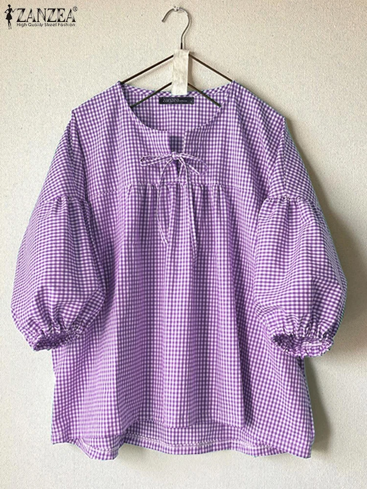Korean Plaid Blouse Women Lace up V-neck Shirt ZANZEA 2025 Holiday 3/4 Lantern Sleeve Sweety Tunics Casual Loose Stitching Tops
Korean Plaid Blouse Women Lace up V-neck Shirt ZANZEA 2025 Holiday 3/4 Lantern Sleeve Sweety Tunics Casual Loose Stitching Tops