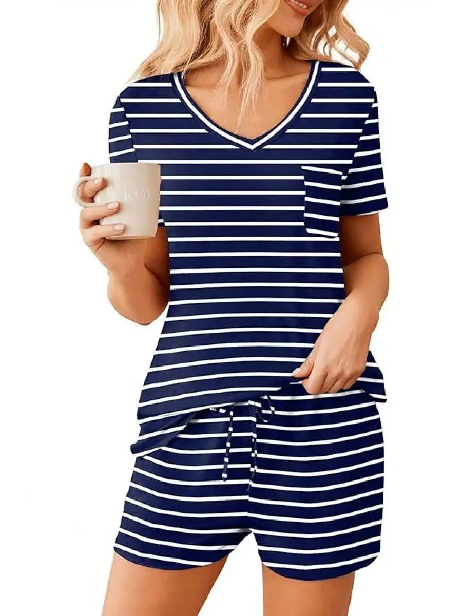 Womens Striped Short Sleeve Pajama Set V-Neck Lounge Sleepwear
Womens Striped Short Sleeve Pajama Set V-Neck Lounge Sleepwear