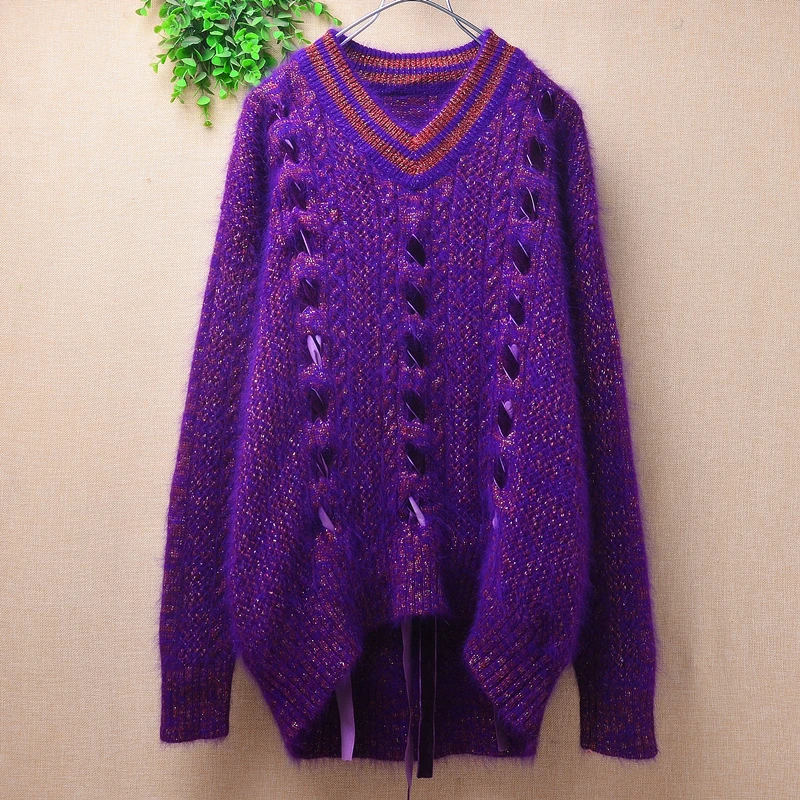 Female Women Fall Winter Clothing Purple Hairy Mink Cashmere Knitted V-Neck Long Sleeves Loose Pullover Jumper Sweater Pull Tops
Female Women Fall Winter Clothing Purple Hairy Mink Cashmere Knitted V-Neck Long Sleeves Loose Pullover Jumper Sweater Pull Tops