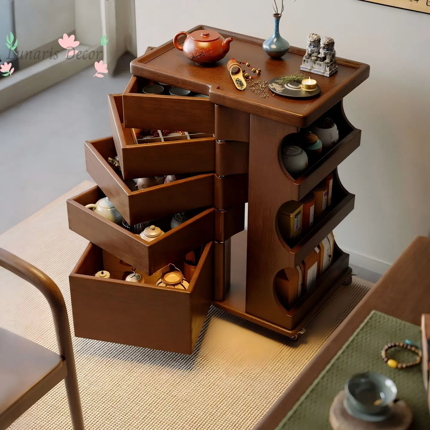 Household Solid Wood Rotatable Tea Trolley with Wheels Multi-purpose Tea Table Cabinet for Tea Set Storage
Household Solid Wood Rotatable Tea Trolley with Wheels Multi-purpose Tea Table Cabinet for Tea Set Storage