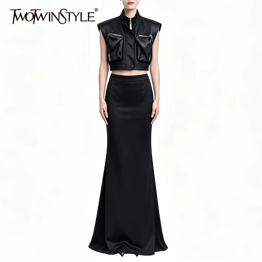 TWOTWINSTYLE Edgy Chic Black Leather Two Piece Set for Women Cropped Vest Satin Mermaid Maxi Skirt Set for Galas Formal Events
TWOTWINSTYLE Edgy Chic Black Leather Two Piece Set for Women Cropped Vest Satin Mermaid Maxi Skirt Set for Galas Formal Events