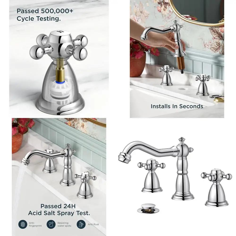 Polished Chrome 2-Handle 8 Widespread Vintage Sink Faucet with Pop-Up Drain for 3-Hole Vanity
Polished Chrome 2-Handle 8 Widespread Vintage Sink Faucet with Pop-Up Drain for 3-Hole Vanity