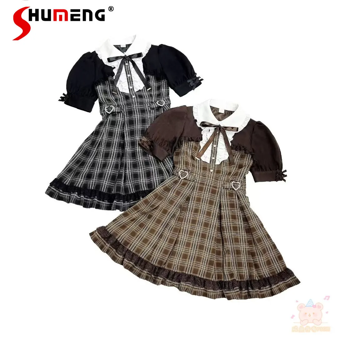 Japanese Retro Preppy Style Mass-Produced Lolita Dresses Doll Collar Puff Sleeve Bow Heart Buckle Lace-up Slim Plaid Dress Women
Japanese Retro Preppy Style Mass-Produced Lolita Dresses Doll Collar Puff Sleeve Bow Heart Buckle Lace-up Slim Plaid Dress Women