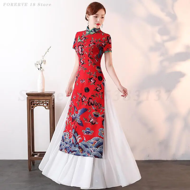 Long Satin Print Cheongsam New Chinese Style Improved Ao Dai Qipaos Stage Performance Dance Costume Women's Fashion Show Dress
Long Satin Print Cheongsam New Chinese Style Improved Ao Dai Qipaos Stage Performance Dance Costume Women's Fashion Show Dress
