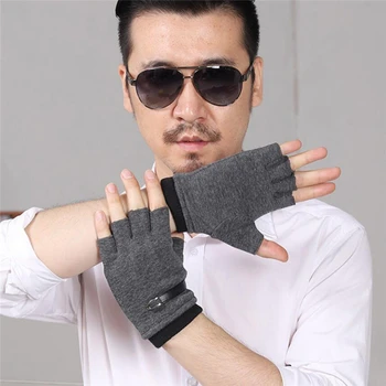 겨울 남성 운전 스웨이드 가죽 반손가락 탄성 장갑, 야외 자전거 장갑, 따뜻한 겨울 장갑, 블랙 그레이