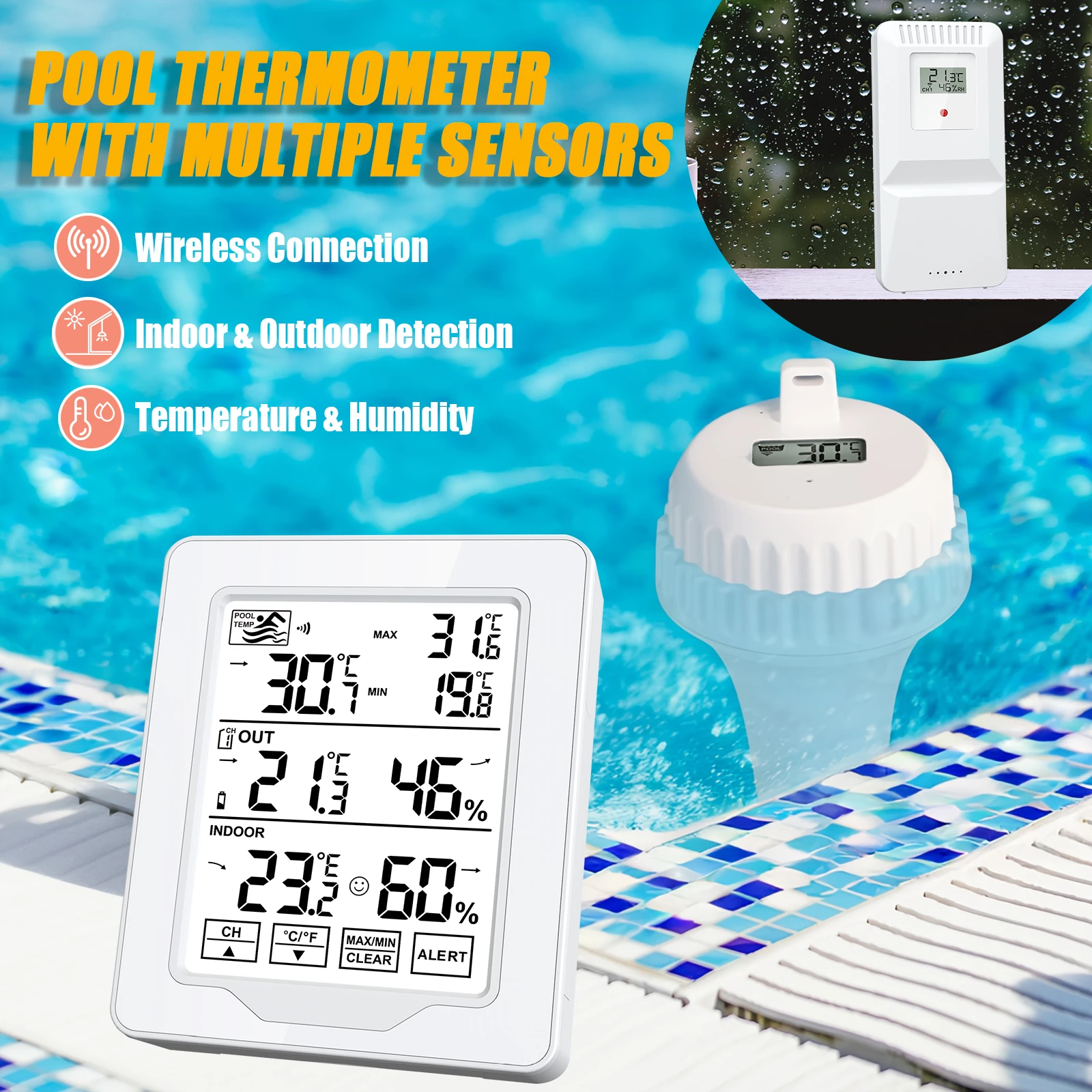 Cordless Pool Thermometer, Temp Humidity Monitor, Remote Connect, Alert Backlight, ℃/℉ Switch, IP68 Waterproof Probe for Pool Sp
Cordless Pool Thermometer, Temp Humidity Monitor, Remote Connect, Alert Backlight, ℃/℉ Switch, IP68 Waterproof Probe for Pool Sp