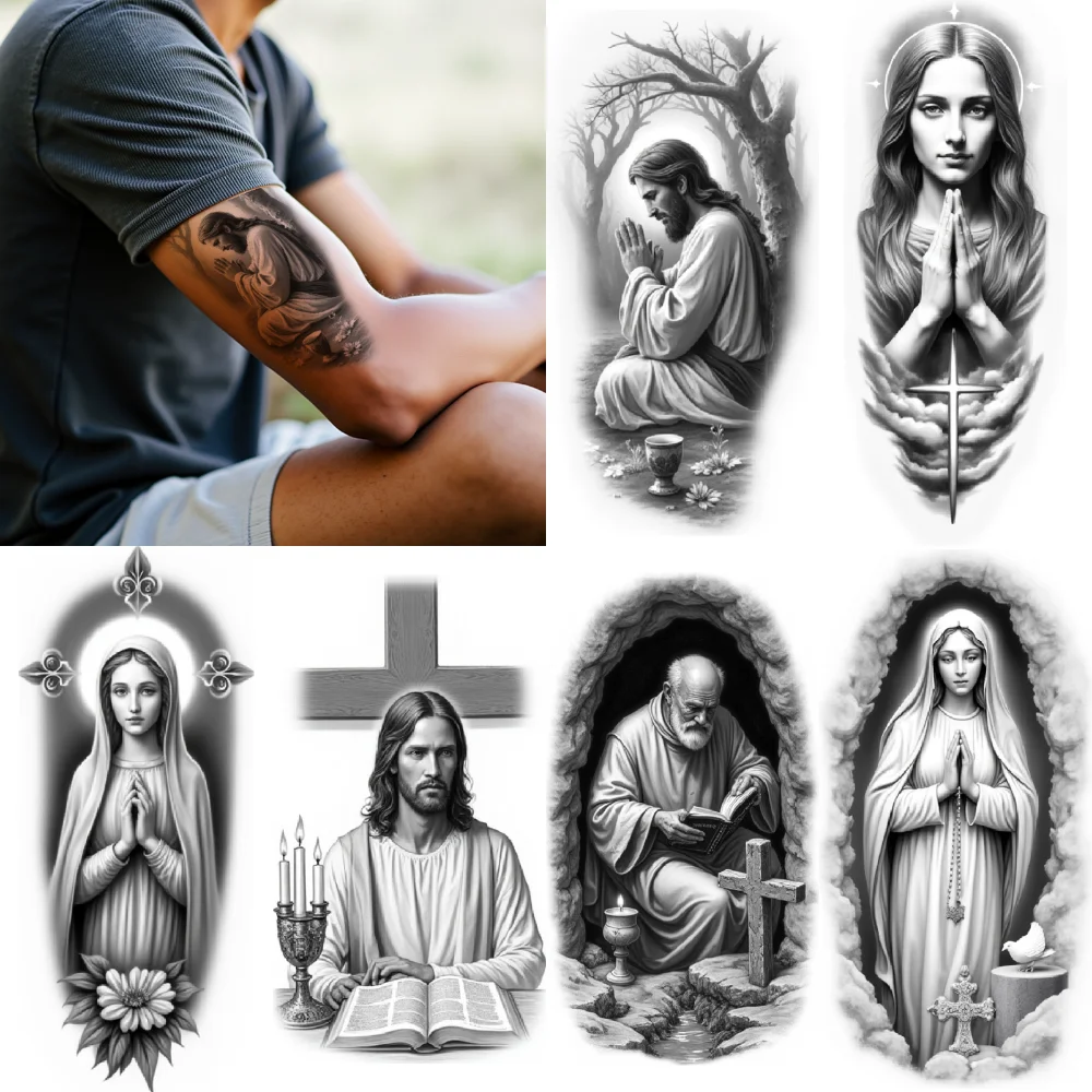 3pcs Temporary Tattoo Black And Grey Realism Virgin Mary With Rosary Praying Jesus Praying Monk For Women Thighs Arms
3pcs Temporary Tattoo Black And Grey Realism Virgin Mary With Rosary Praying Jesus Praying Monk For Women Thighs Arms