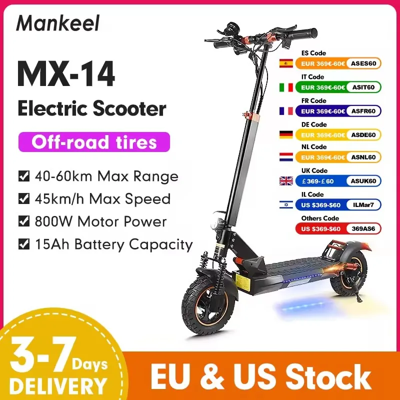Mankeel MX-14 10" Off-road Tire Kick Electric Scooter 48V 13Ah 45km/h Foldable E-Scooter 800W Motor Electric Scooter For Adult
Mankeel MX-14 10" Off-road Tire Kick Electric Scooter 48V 13Ah 45km/h Foldable E-Scooter 800W Motor Electric Scooter For Adult