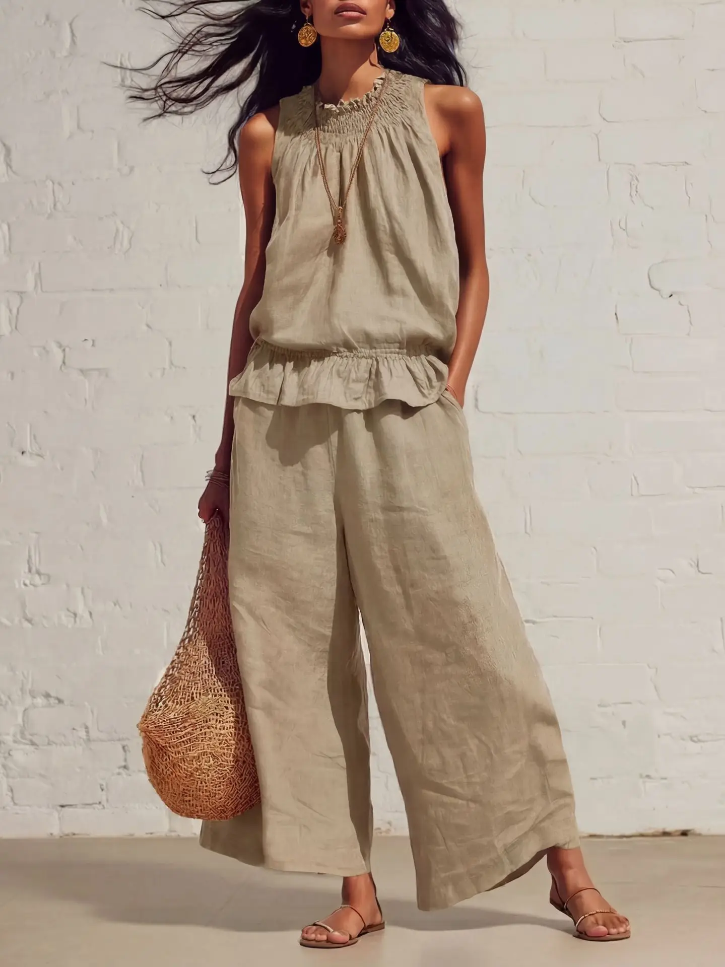 Fashion Cotton Linen 2-piece Set Sleeveless Vest Top Wide-leg Pant Two-piece Set Elegant Office Casual Trousers Vest Suit
Fashion Cotton Linen 2-piece Set Sleeveless Vest Top Wide-leg Pant Two-piece Set Elegant Office Casual Trousers Vest Suit