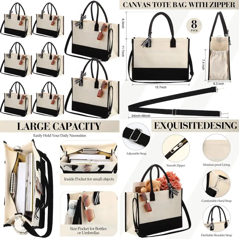8-Piece Canvas Tote Set with Shoulder Straps, Zippered Closure - Ideal for Women, Birthdays, and Bridesmaid Gifts
8-Piece Canvas Tote Set with Shoulder Straps, Zippered Closure - Ideal for Women, Birthdays, and Bridesmaid Gifts
