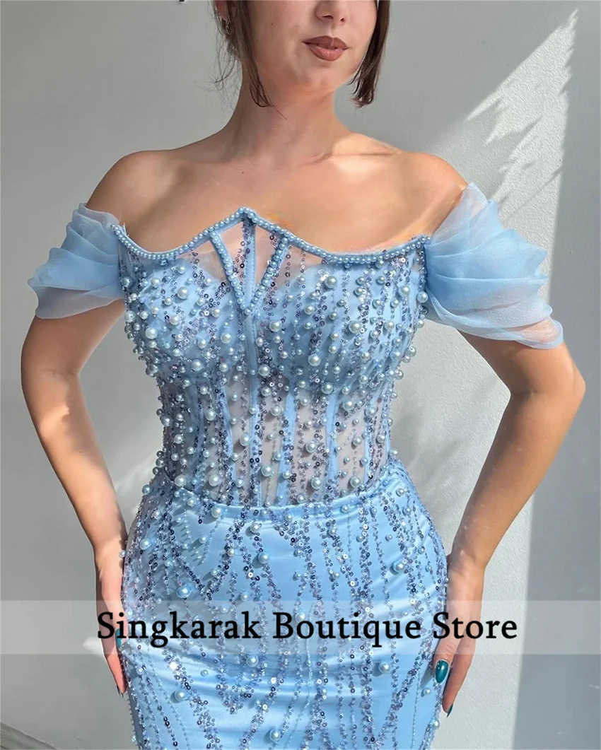 Sky Blue Mermaid Evening Dress Off Sleeves Beading Pearls Prom Party Gown Wedding Reception Party Gowns Customized
Sky Blue Mermaid Evening Dress Off Sleeves Beading Pearls Prom Party Gown Wedding Reception Party Gowns Customized