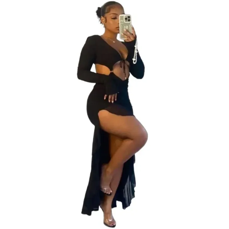 Black Elegant Long Sleeved Bodycon Slim Party Dress with Ruffled Slit Sexy Hollow Out Long Dress Women Ruffle Irregular Dresses 
Black Elegant Long Sleeved Bodycon Slim Party Dress with Ruffled Slit Sexy Hollow Out Long Dress Women Ruffle Irregular Dresses