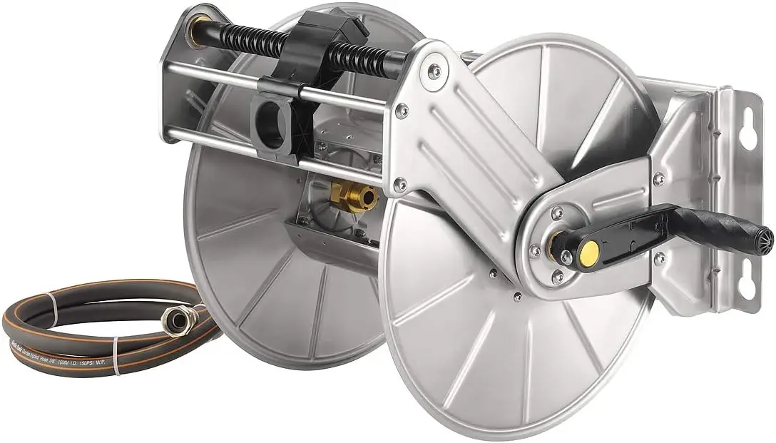 Stainless Steel Garden Hose Reel, Wall/Floor Mounted Retractable with Crank, 150-Feet 5/8" Hose Capacity
Stainless Steel Garden Hose Reel, Wall/Floor Mounted Retractable with Crank, 150-Feet 5/8" Hose Capacity