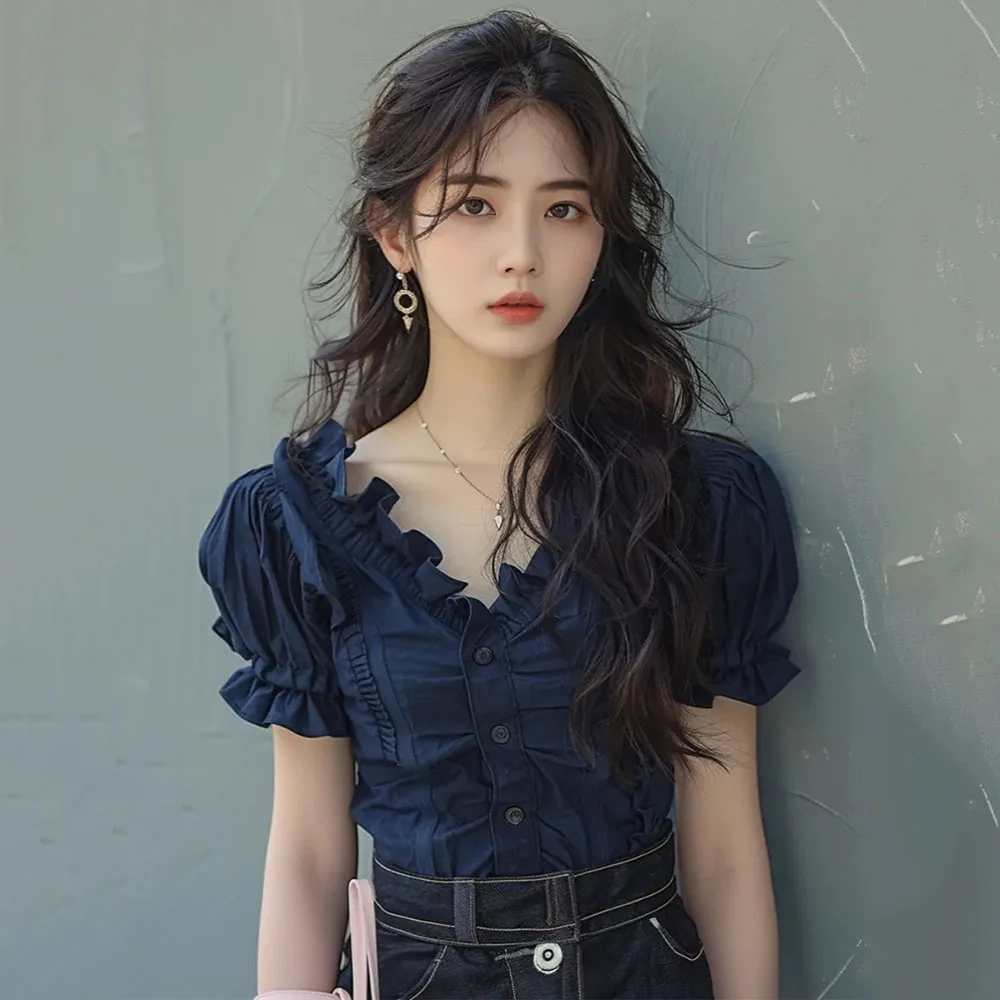 Summer Slim Ruffle V-neck Shirt For Women Blue Pink Fold Puff Sleeve Solid Color Blouses Female Fashion Clothing Women New 2025
Summer Slim Ruffle V-neck Shirt For Women Blue Pink Fold Puff Sleeve Solid Color Blouses Female Fashion Clothing Women New 2025