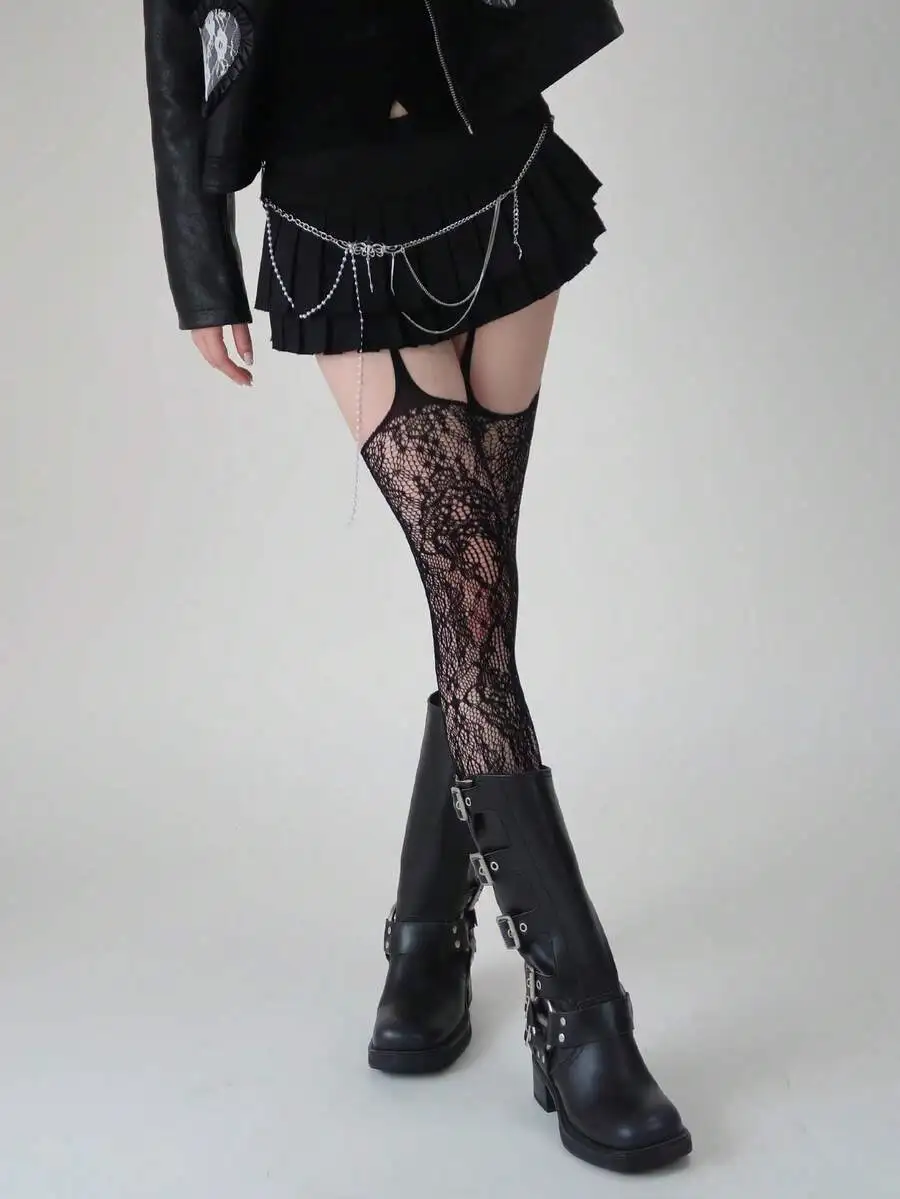 Black Lace Jacquard Fishnet Suspender Stockings with Chain Detail
Black Lace Jacquard Fishnet Suspender Stockings with Chain Detail