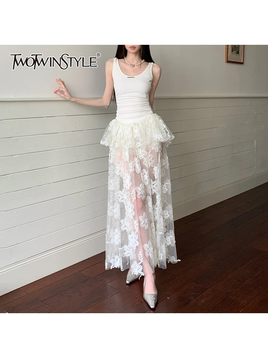 TWOTWINSTYLE Solid Slimming Spliced Lace Dresses For Women O Neck Sleeveless High Waist Temperament Minimalist Dress Female New
TWOTWINSTYLE Solid Slimming Spliced Lace Dresses For Women O Neck Sleeveless High Waist Temperament Minimalist Dress Female New