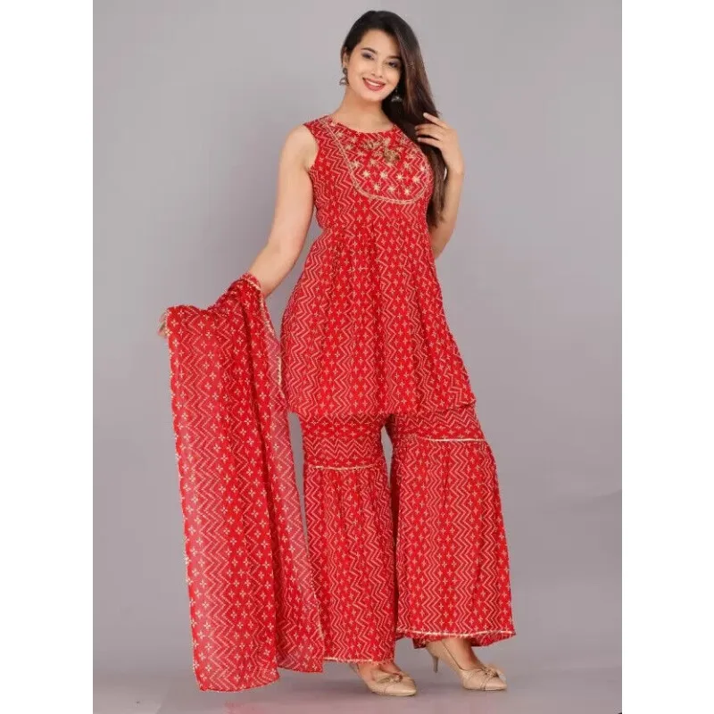 Knee Length Kurta Sharara and Dupatta Set Red Sleeveless Salwar Kameez Kurti
Knee Length Kurta Sharara and Dupatta Set Red Sleeveless Salwar Kameez Kurti