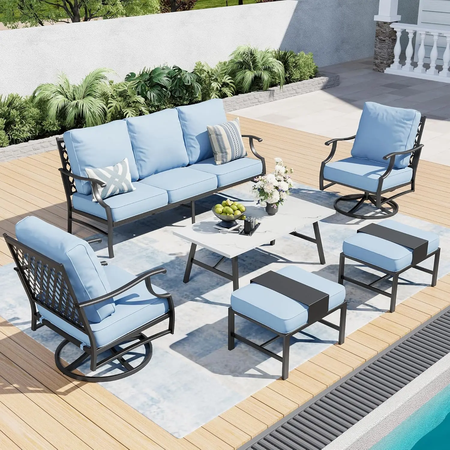 6 Piece Metal Outdoor Patio Furniture Set, Patio Conversation Sets 1 3-Seater Sofa, 2 Swivel Chair, 2 Leg Chair, Customized
6 Piece Metal Outdoor Patio Furniture Set, Patio Conversation Sets 1 3-Seater Sofa, 2 Swivel Chair, 2 Leg Chair, Customized