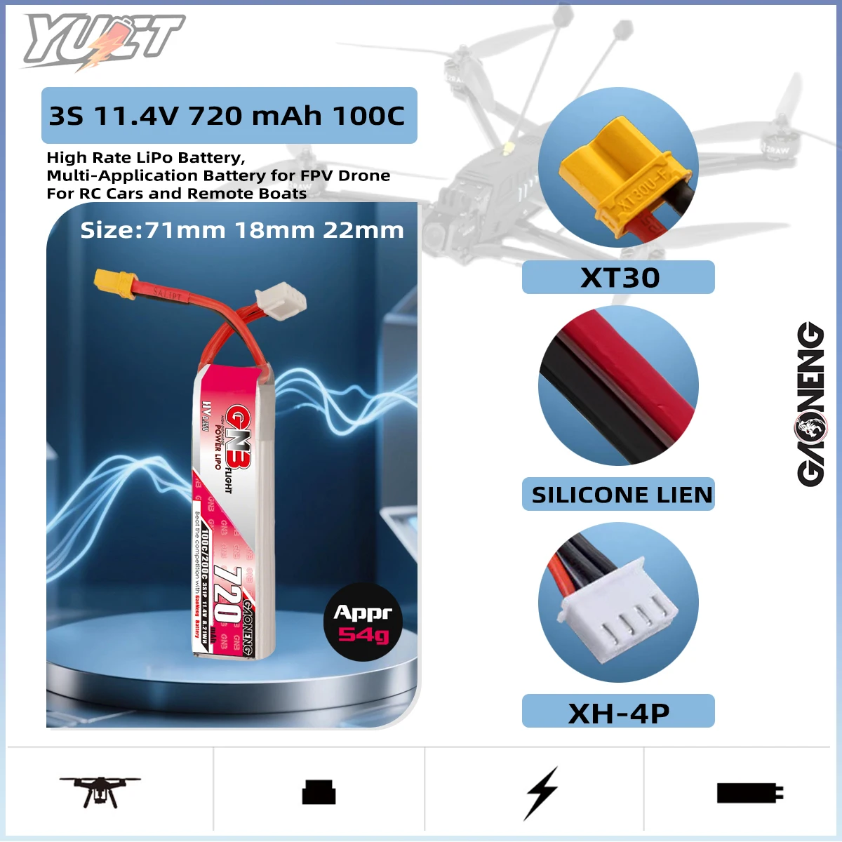 YUCT GNB 3S 720mAh LiPo Battery LIHV 11.4V 100C XT30 Plug For FPV Drone Boat Helicopter Airplane RC Models Quadcopter Battery
YUCT GNB 3S 720mAh LiPo Battery LIHV 11.4V 100C XT30 Plug For FPV Drone Boat Helicopter Airplane RC Models Quadcopter Battery