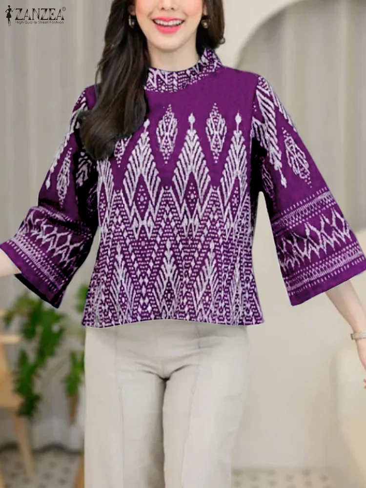 ZANZEA, женские блузки с принтом в этническом стиле, весна 2026, воротник-стойка, 3/4 расклешенные рукава, повседневные топы, винтажная модная женская одежда
ZANZEA, женские блузки с принтом в этническом стиле, весна 2026, воротник-стойка, 3/4 расклешенные рукава, повседневные топы, винтажная модная женская одежда