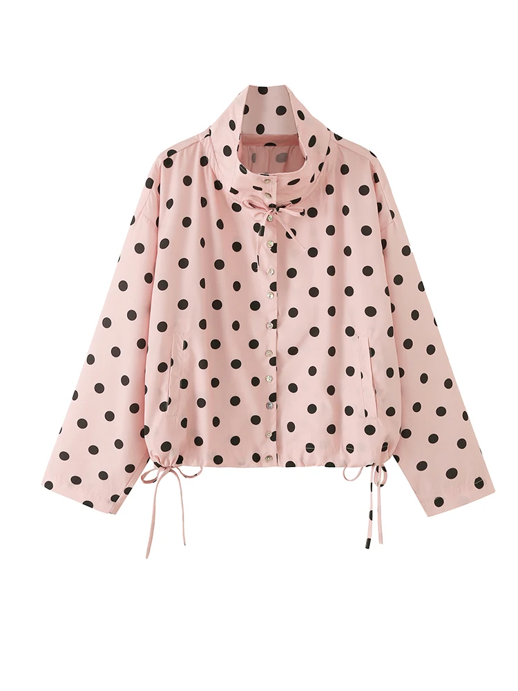 Polka Dot Stand Collar Shirts Women Drawstring Hem Cropped Pocket Pink Blouses Tops
Polka Dot Stand Collar Shirts Women Drawstring Hem Cropped Pocket Pink Blouses Tops