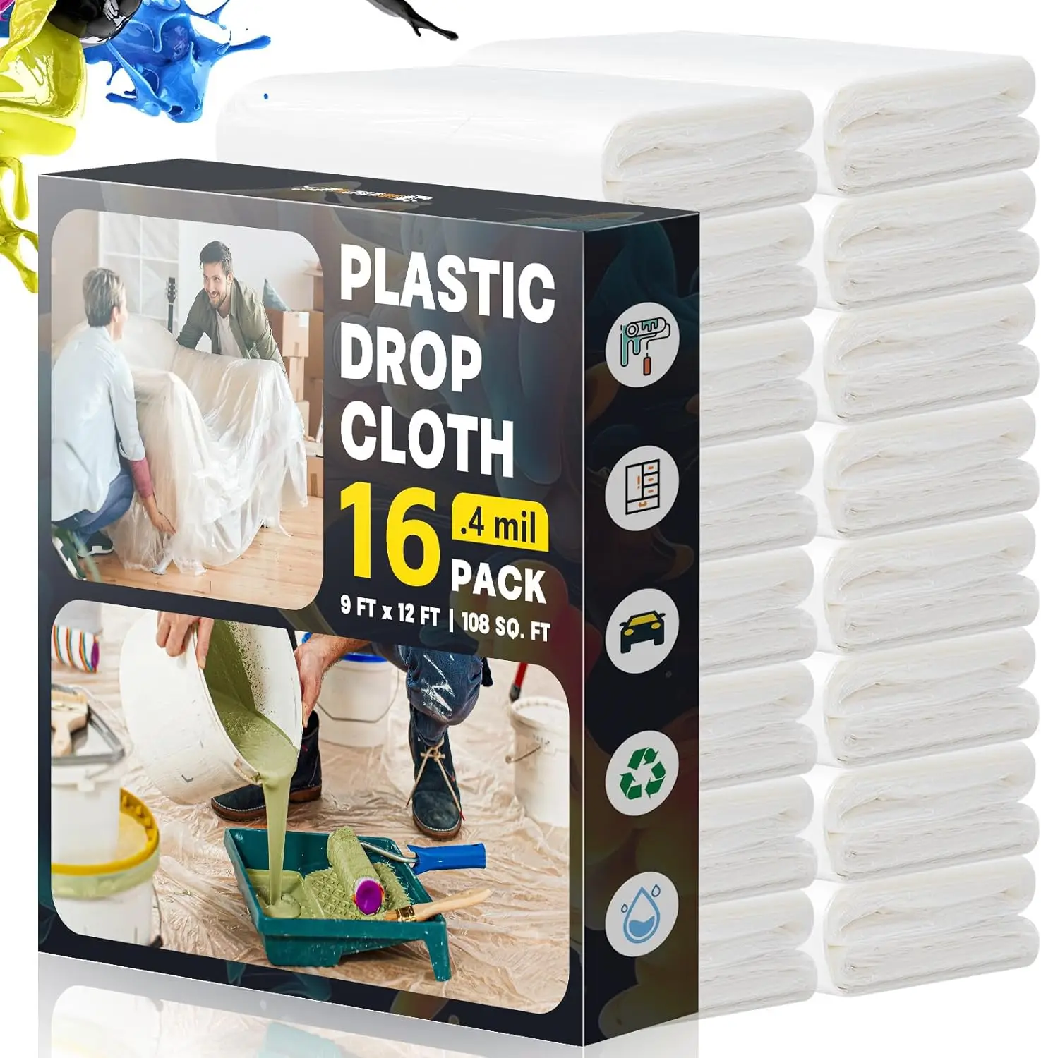 9x12ft Extra Large Plastic Drop Cloths for Painting, 16-Pack, Waterproof & Durable Furniture Protector
9x12ft Extra Large Plastic Drop Cloths for Painting, 16-Pack, Waterproof & Durable Furniture Protector
