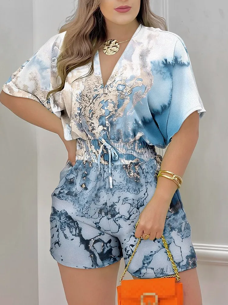 Women Fashion Bodysuit Summer Elegant Ink Print Casual V-Neck Short Sleeve Loose Waist Drawstring Pleated Jumpsuits Streetwear
Women Fashion Bodysuit Summer Elegant Ink Print Casual V-Neck Short Sleeve Loose Waist Drawstring Pleated Jumpsuits Streetwear