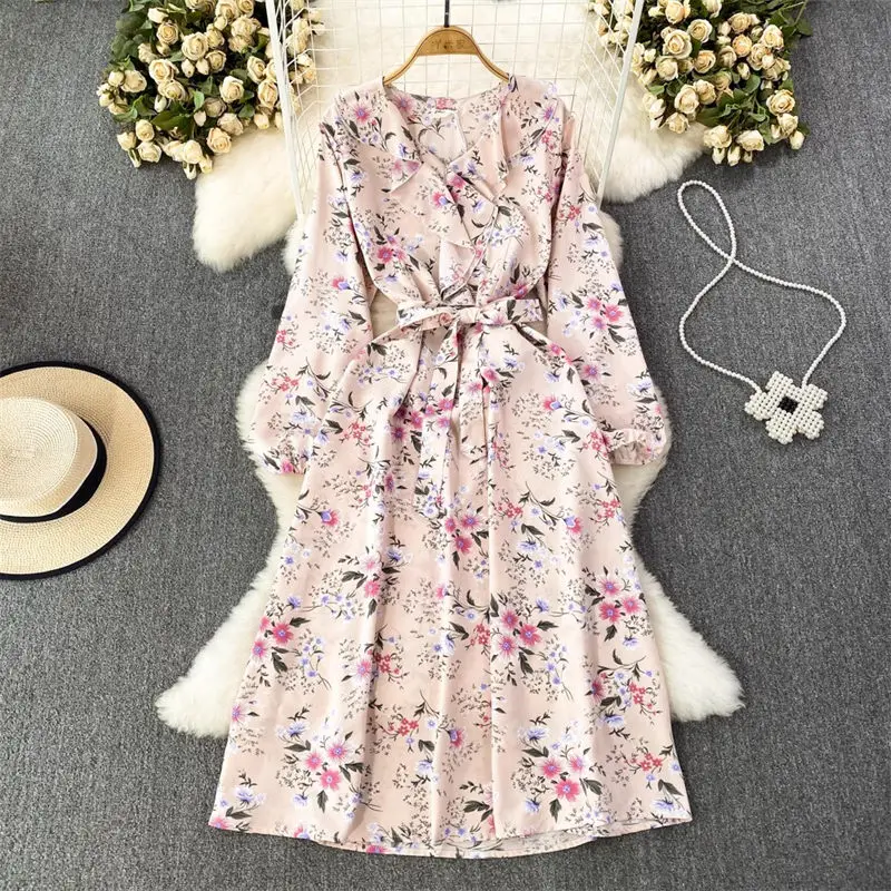 Gentle & Sweet Temperament Long Sleeve Dress V-Neck Ruffled Waistband Medium Length A Lline Floral Dress For Women Autumn Z2640
Gentle & Sweet Temperament Long Sleeve Dress V-Neck Ruffled Waistband Medium Length A Lline Floral Dress For Women Autumn Z2640