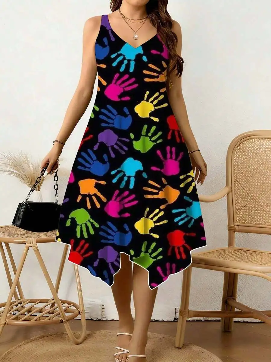 V-Neck Sleeveless A-Line Dress With Asymmetrical Hem And Vibrant Handprint Print, Summer Casual Beach Festival Wear
V-Neck Sleeveless A-Line Dress With Asymmetrical Hem And Vibrant Handprint Print, Summer Casual Beach Festival Wear