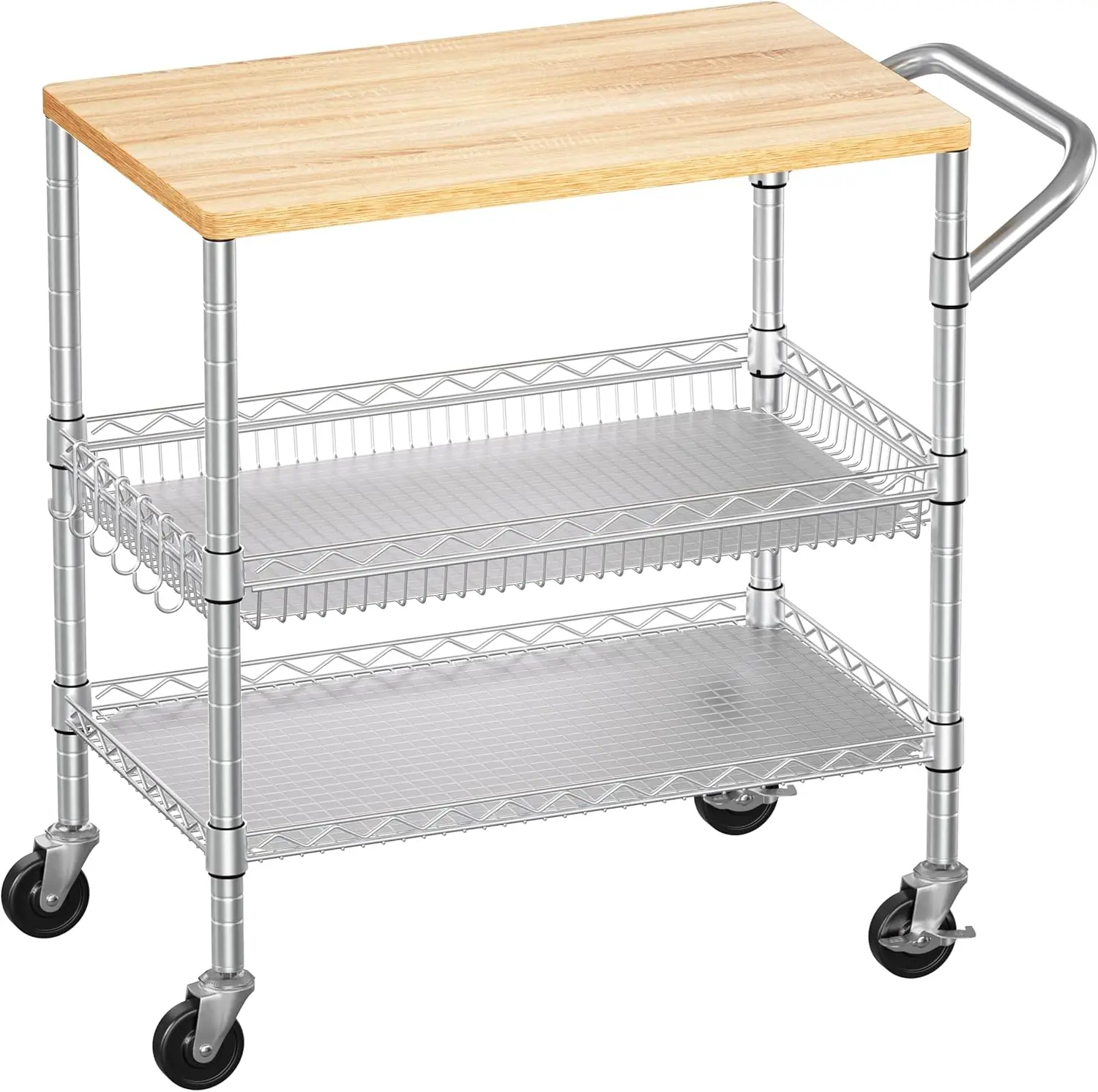 3-Tier Rolling Kitchen Cart with Wood Tabletop, Heavy Duty Utility Cart on Wheels, NSF Storage Cart with Hooks, 650Lbs Capacity, Light Wood+Metal
3-Tier Rolling Kitchen Cart with Wood Tabletop, Heavy Duty Utility Cart on Wheels, NSF Storage Cart with Hooks, 650Lbs Capacity, Light Wood+Metal
