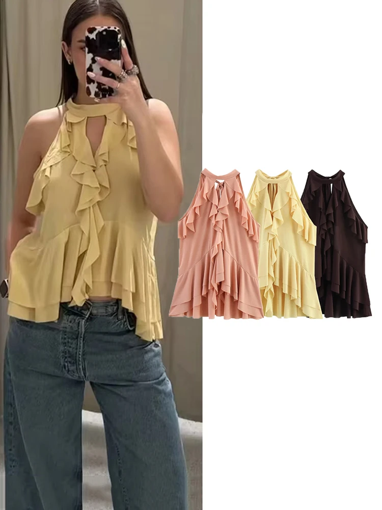 Chiffon Tops For Women Elegant Solid Halter Ruffles Sleeveless Lace-up Vest Female 2025 New Summer Casual Chic Top Clothing Lady
Chiffon Tops For Women Elegant Solid Halter Ruffles Sleeveless Lace-up Vest Female 2025 New Summer Casual Chic Top Clothing Lady
