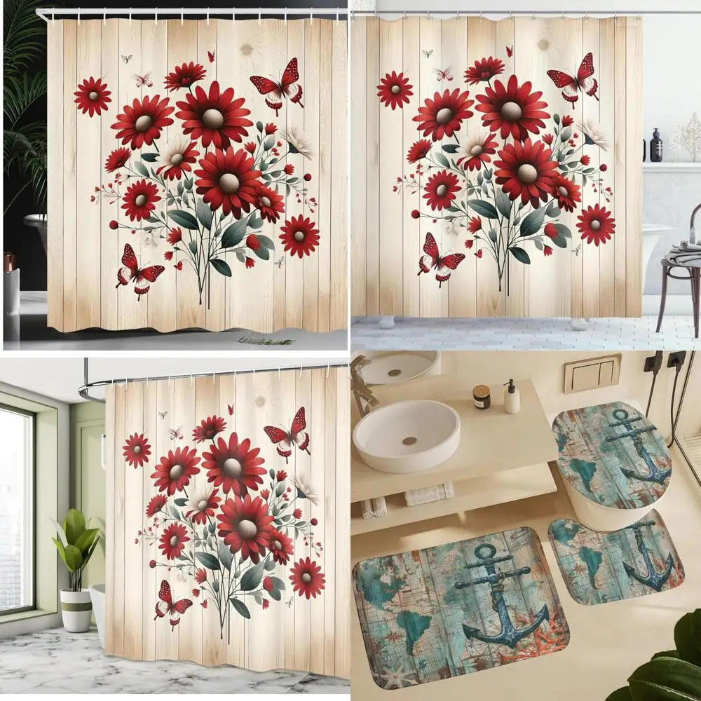 Уютная занавеска для душа с цветочным принтом и ботанической деревянной панелью, теплые тона для декора ванной комнаты в деревенском стиле. 
Уютная занавеска для душа с цветочным принтом и ботанической деревянной панелью, теплые тона для декора ванной комнаты в деревенском стиле.