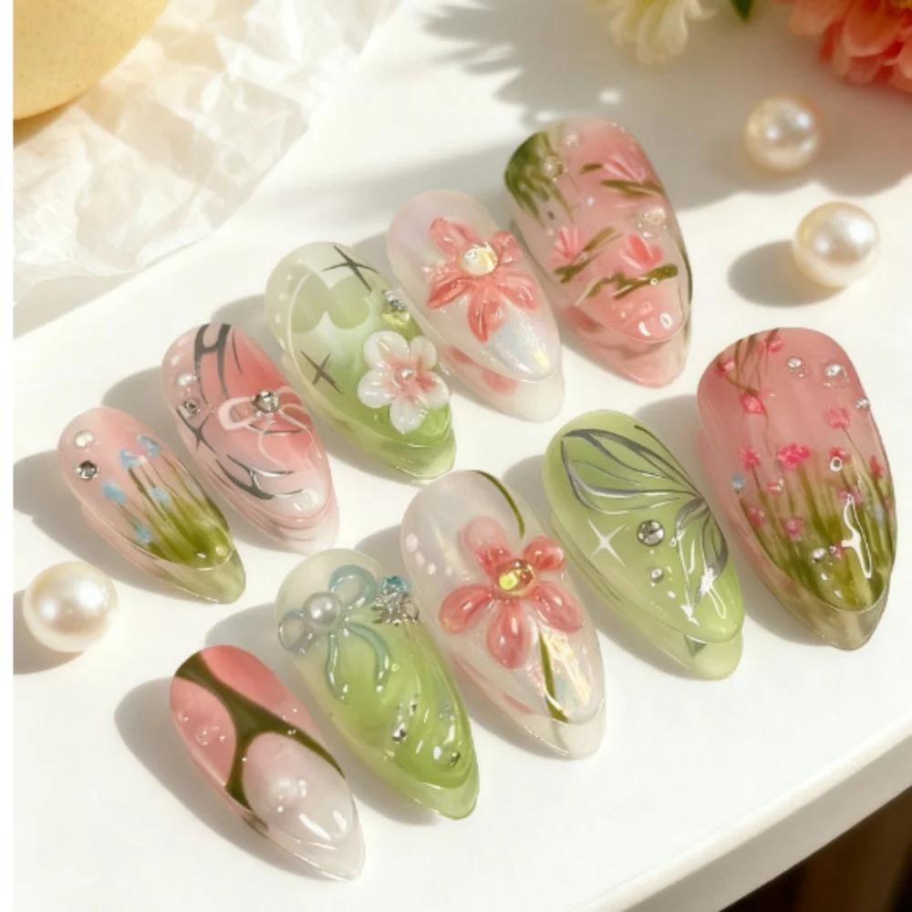24pcs Blush Pink Almond False Nails Flower Rhinestone Gradient Green Press on Nails Bow Pearl Design Fake Nail Reusable Manicure
24pcs Blush Pink Almond False Nails Flower Rhinestone Gradient Green Press on Nails Bow Pearl Design Fake Nail Reusable Manicure