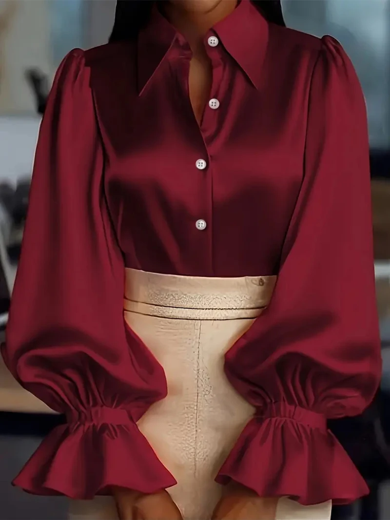 Elegant Satin Blouse with Ruffled Cuff Sleeves and Button-Down Collar - Chic Office & Casual Wear Top
Elegant Satin Blouse with Ruffled Cuff Sleeves and Button-Down Collar - Chic Office & Casual Wear Top