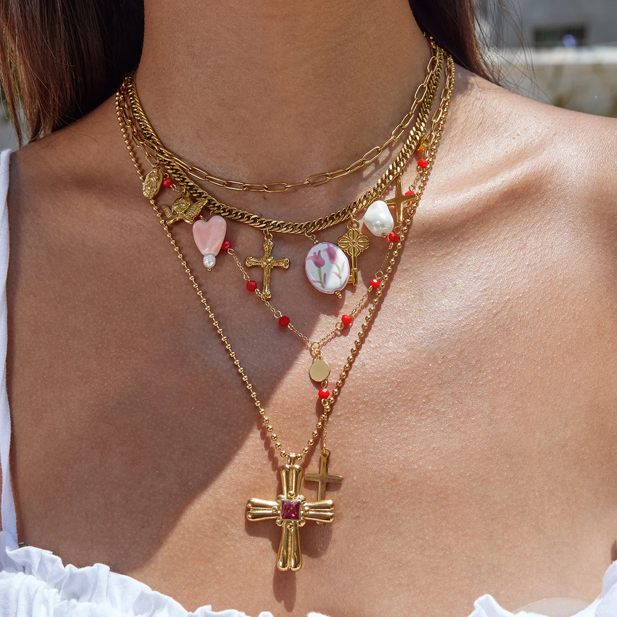 AIKOER Ocean Resort 18K Gold Color Plated Stainless Steel Ceramic Freshwater Pearl Cross Pendant Necklace Stackable Chain Neckla
AIKOER Ocean Resort 18K Gold Color Plated Stainless Steel Ceramic Freshwater Pearl Cross Pendant Necklace Stackable Chain Neckla