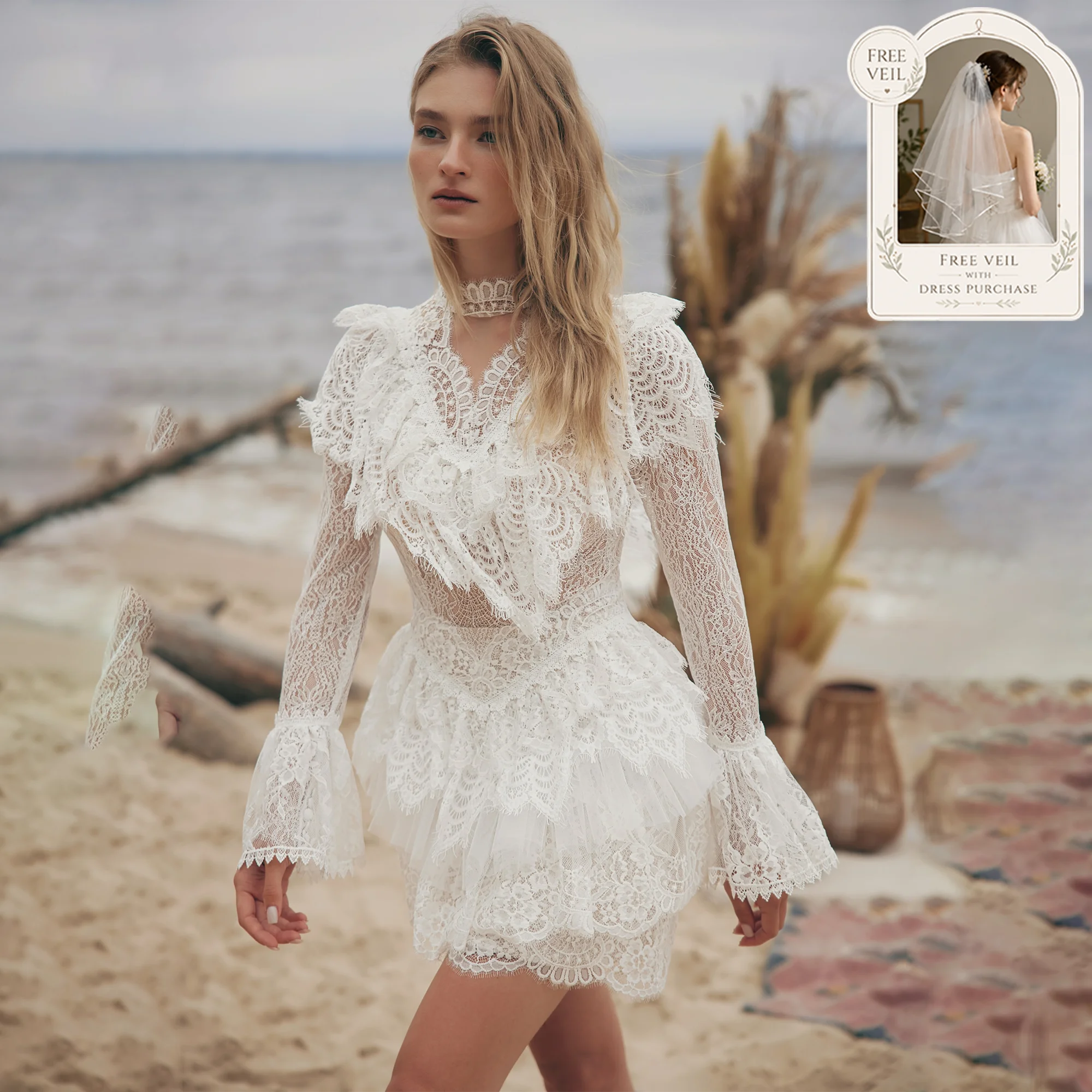 High Neck Ball Gown Lace Applique Detachable Long Bell Sleeve Tiered Ruffles Mini Wedding Gown Vestido De Noiva Customized
High Neck Ball Gown Lace Applique Detachable Long Bell Sleeve Tiered Ruffles Mini Wedding Gown Vestido De Noiva Customized