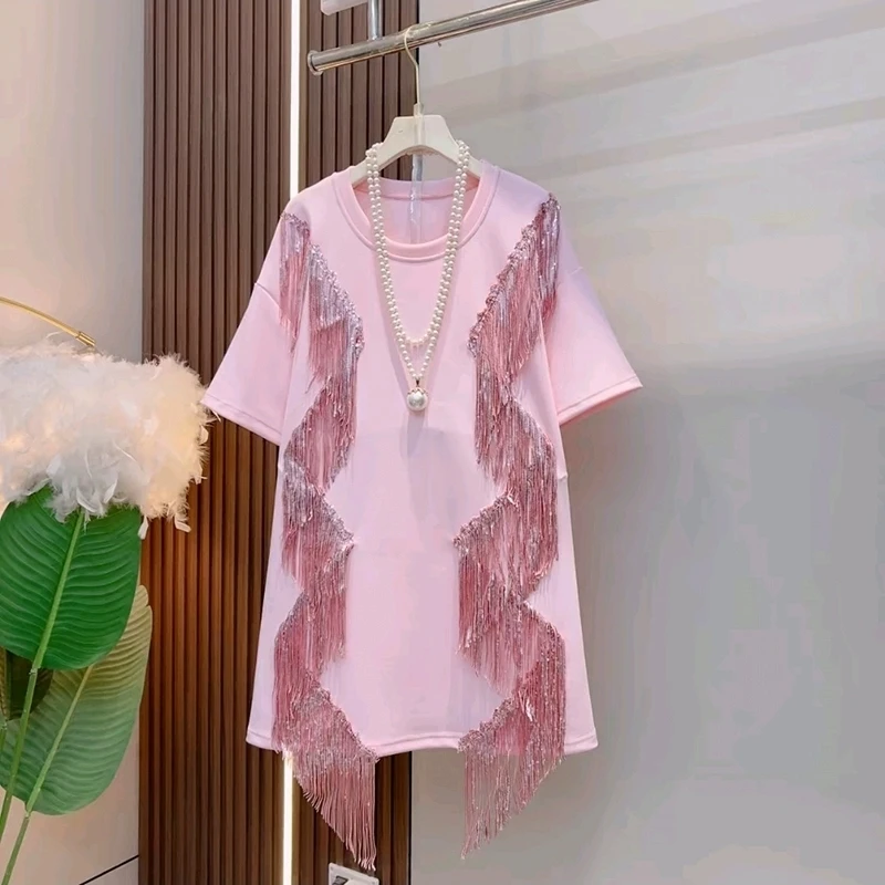 Women's loose slimming unique good-looking short sleeved long T-shirt 2025 summer new fashionable tassel design top
Women's loose slimming unique good-looking short sleeved long T-shirt 2025 summer new fashionable tassel design top