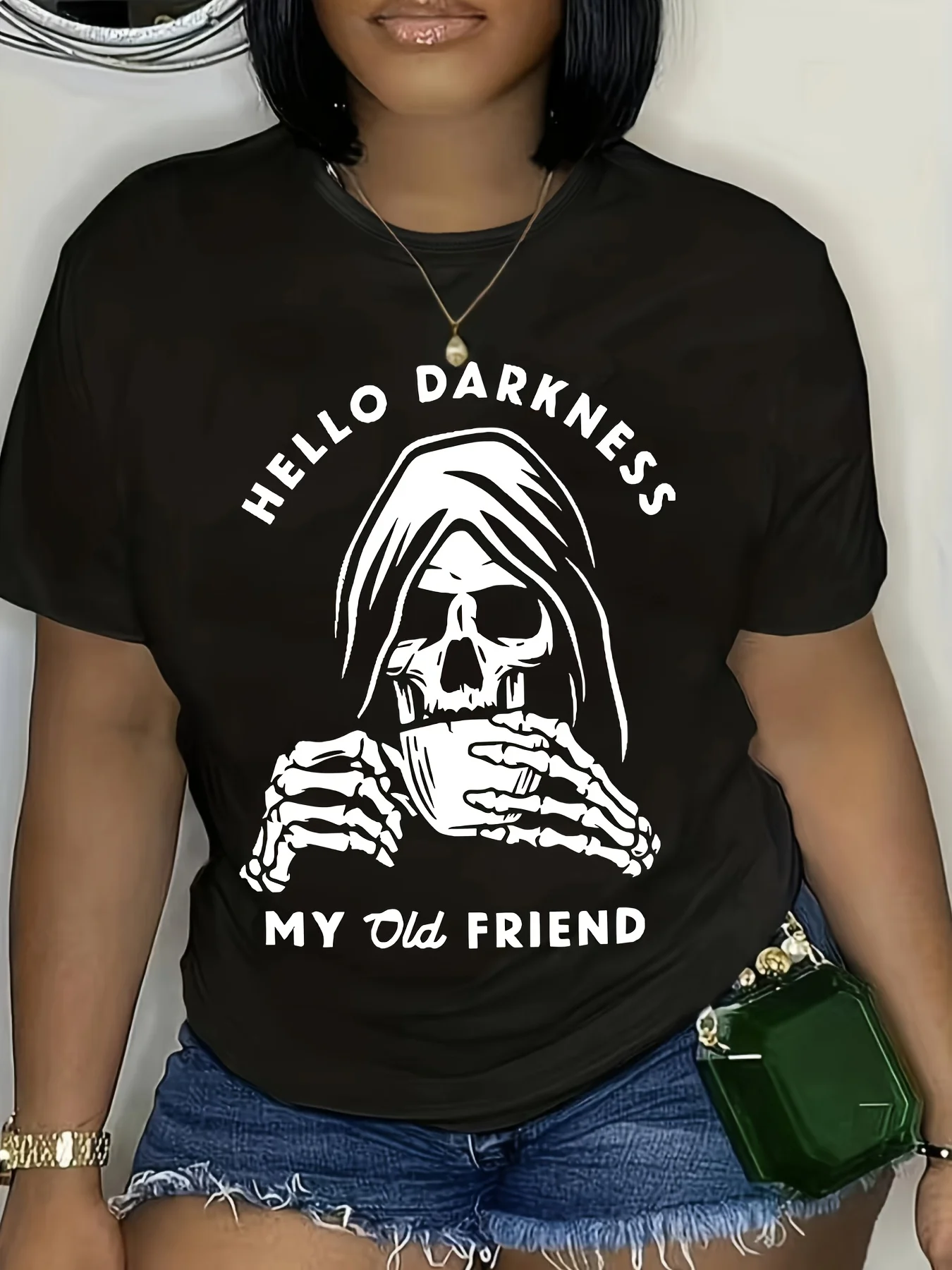 Plus - Size Women's Black Short - Sleeve T - shirt, Skull & “Hello Darkness My Old Friend” Print, Edgy & Humorous
Plus - Size Women's Black Short - Sleeve T - shirt, Skull & “Hello Darkness My Old Friend” Print, Edgy & Humorous
