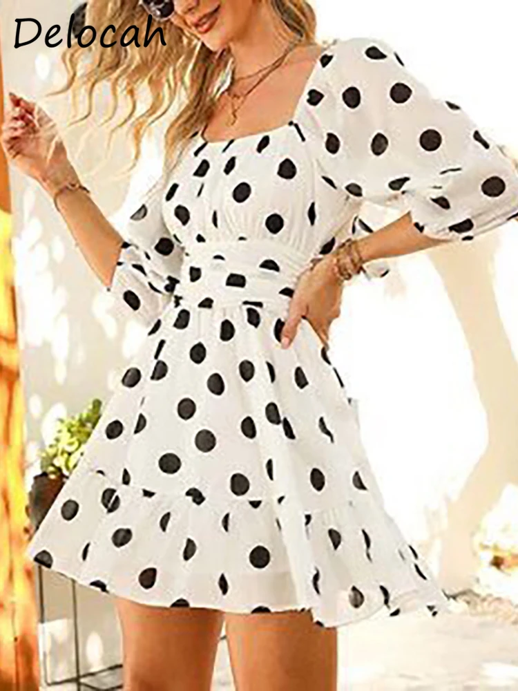 Delocah High Quality Summer Women Fashion Runway Mini Dress Lantern Sleeve High Waist Black Polka Dot White Big Swing Dresses
Delocah High Quality Summer Women Fashion Runway Mini Dress Lantern Sleeve High Waist Black Polka Dot White Big Swing Dresses