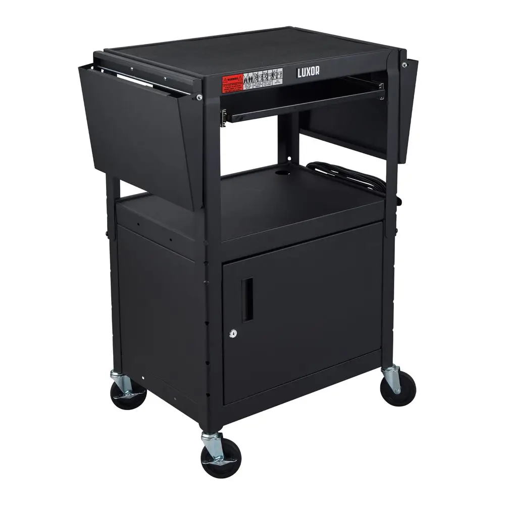 Adjustable Height Rolling AV Cart, Mobile Workstation With Drop Leaf Shelves, Pullout Keyboard Tray, Locking Steel Cabinet, Pow
Adjustable Height Rolling AV Cart, Mobile Workstation With Drop Leaf Shelves, Pullout Keyboard Tray, Locking Steel Cabinet, Pow