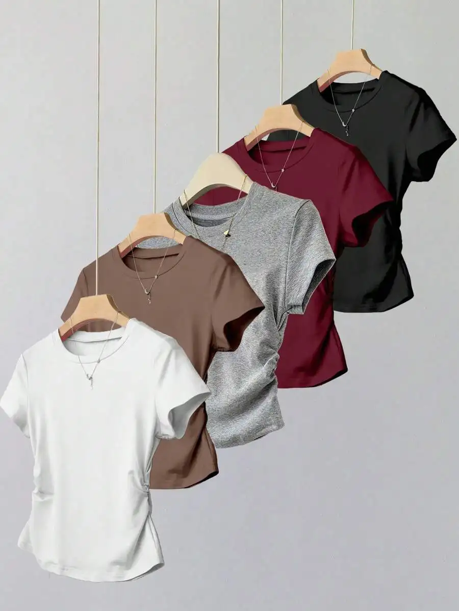 Набор из 5 однотонных футболок с облегающим поясом для девочек-подростков, повседневная одежда на каждый день
Набор из 5 однотонных футболок с облегающим поясом для девочек-подростков, повседневная одежда на каждый день