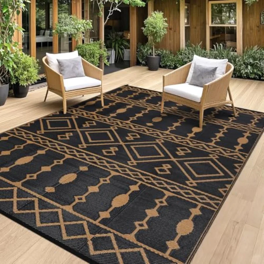 Outdoor patio rug for deck, RV, camper, picnic; plastic straw, black brown; waterproof, reversible, 8x10 FT
Outdoor patio rug for deck, RV, camper, picnic; plastic straw, black brown; waterproof, reversible, 8x10 FT