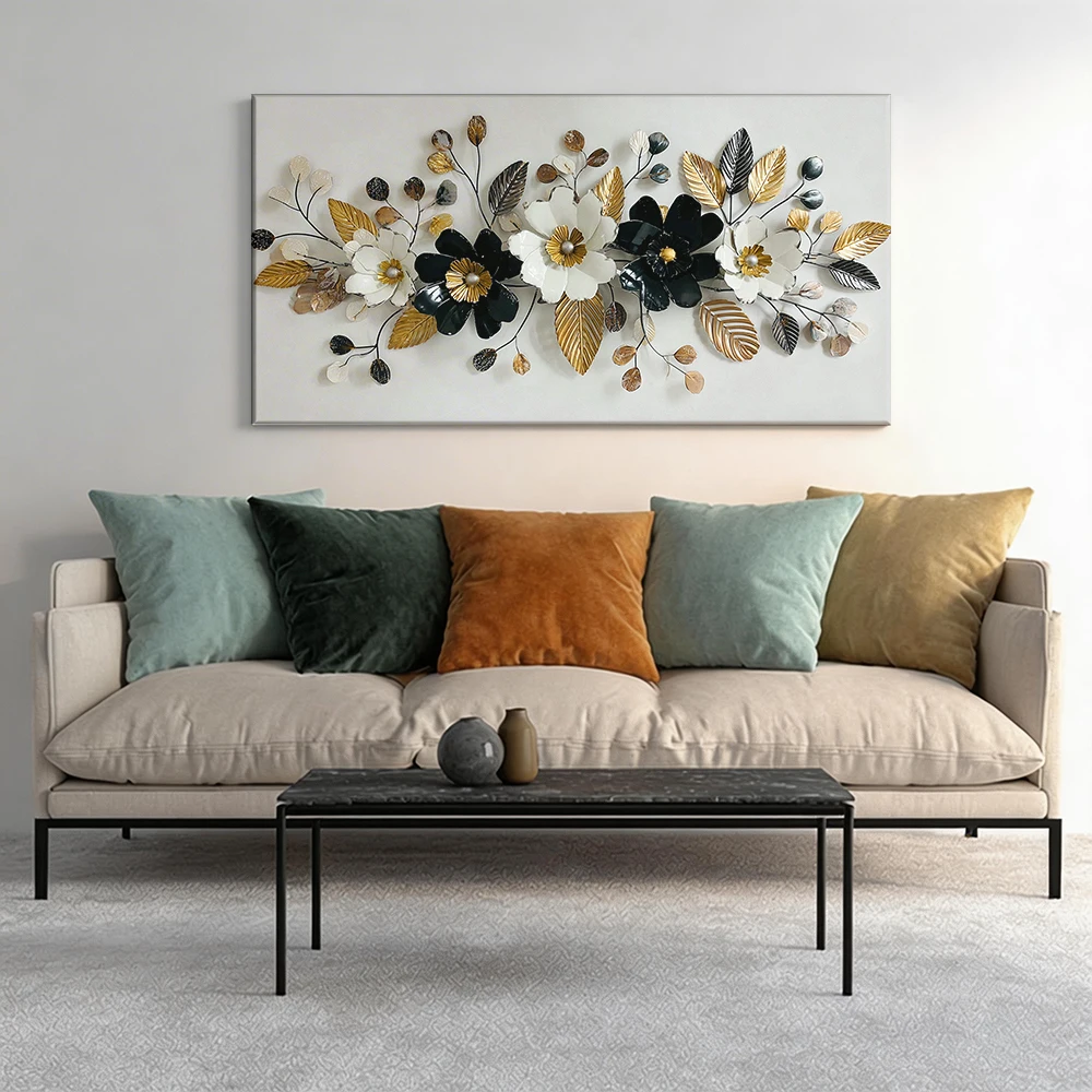 Large-sized solid wood frame canvas painting 1pc Metal flower decor, black gold.
Large-sized solid wood frame canvas painting 1pc Metal flower decor, black gold.