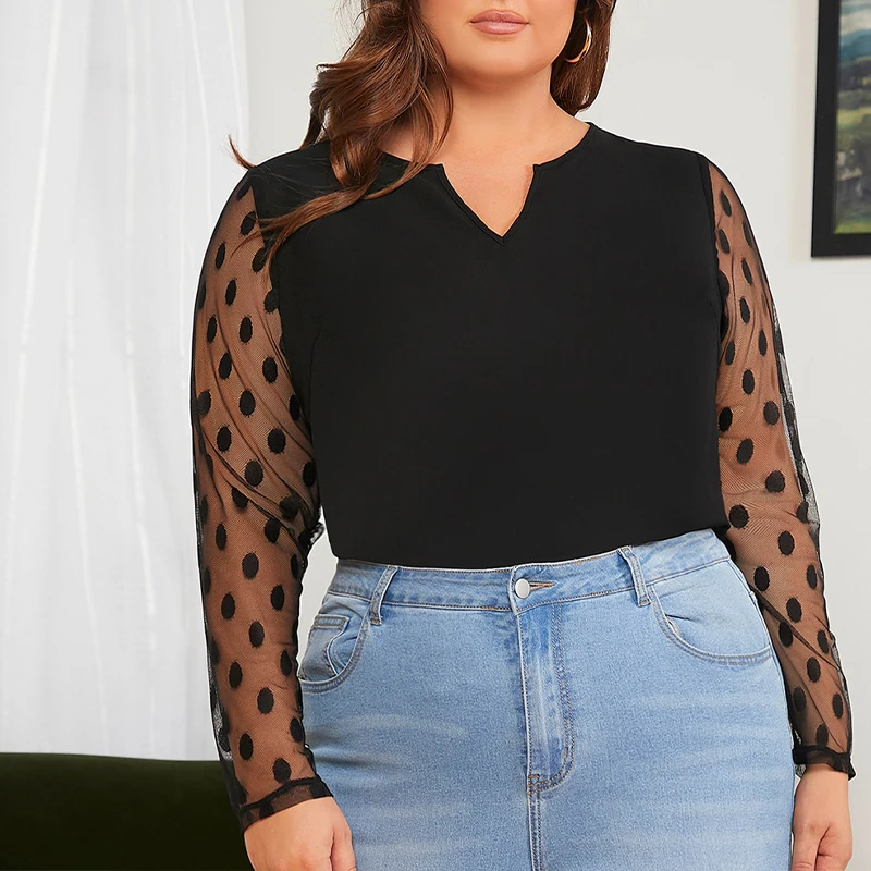 Plus Size Mesh stitching Tops Notch Neck Polka Dot Mesh Sleeve Blouse Women's 2025 Black Elegant Office Ladies Tops and Blouses
Plus Size Mesh stitching Tops Notch Neck Polka Dot Mesh Sleeve Blouse Women's 2025 Black Elegant Office Ladies Tops and Blouses