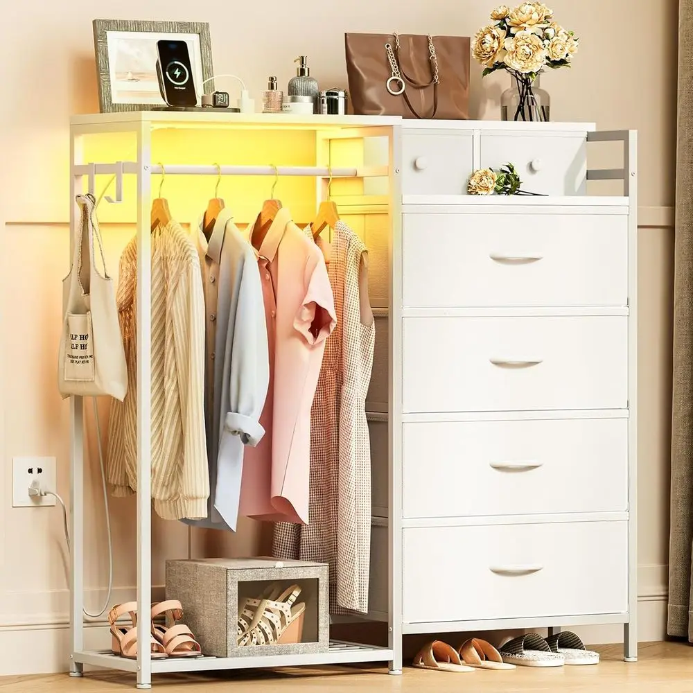 43-дюймовый белый шкаф для спальни с вешалкой, двусторонний шкаф с 6 ящиками, светодиодной подсветкой и зарядной станцией, тканевый шкаф-комод
43-дюймовый белый шкаф для спальни с вешалкой, двусторонний шкаф с 6 ящиками, светодиодной подсветкой и зарядной станцией, тканевый шкаф-комод