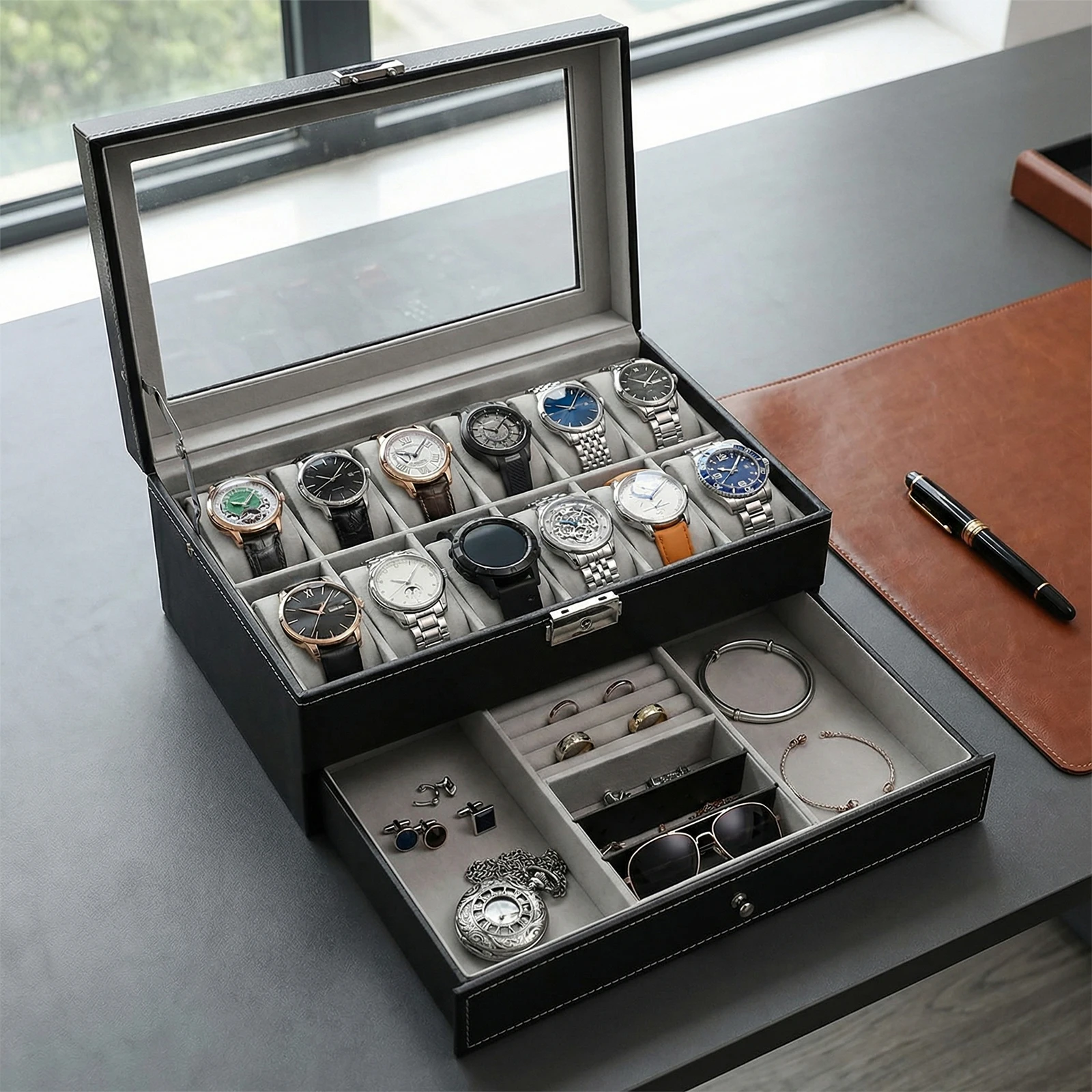 Коробка для часов на 12 слотов, 2-слойная, с выдвижным ящиком и стеклянной крышкой, органайзер для демонстрации часов, с металлическим замком, подарки на день рождения и Рождество для мужчин и женщин
Коробка для часов на 12 слотов, 2-слойная, с выдвижным ящиком и стеклянной крышкой, органайзер для демонстрации часов, с металлическим замком, подарки на день рождения и Рождество для мужчин и женщин