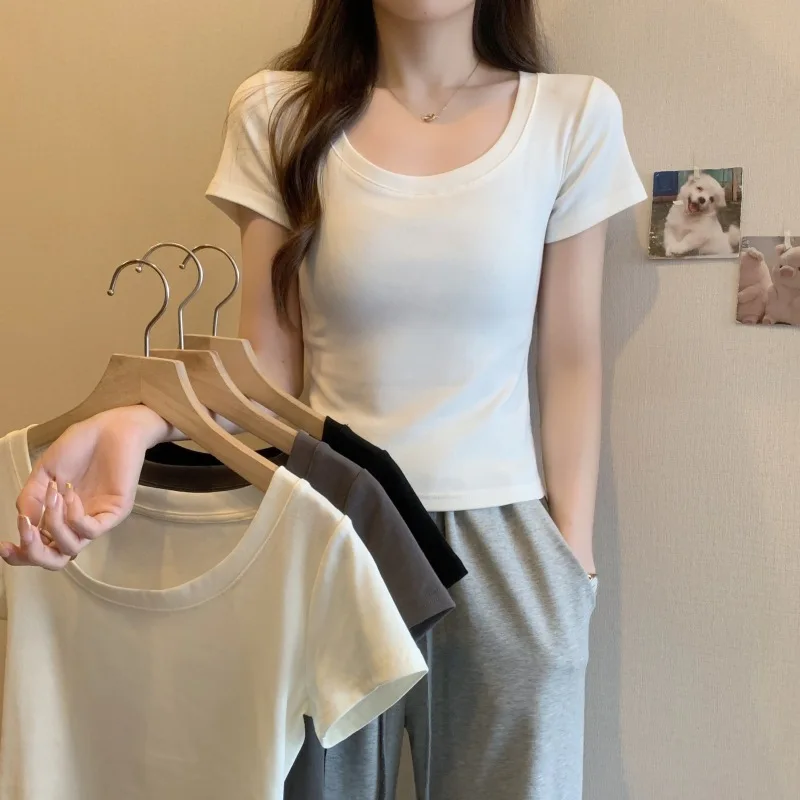 Solid Color Simple Scoop Short SleeveT Women's-ShirtGroup Clothes Shoulder Slim Slimming Cotton Top Short
Solid Color Simple Scoop Short SleeveT Women's-ShirtGroup Clothes Shoulder Slim Slimming Cotton Top Short