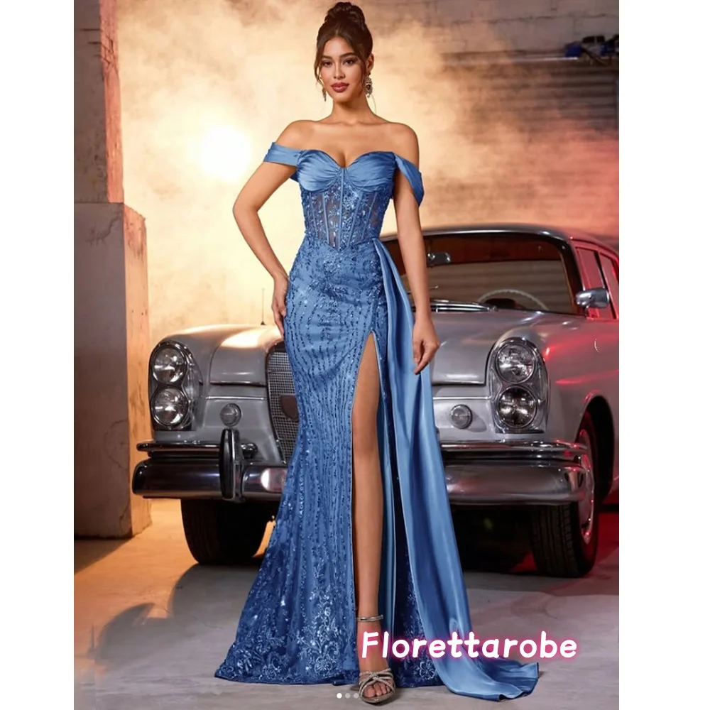  Luxury Lace Applique Satin Prom Dresses Long with Slit Mermaid Off Shoulder Sequins Evening Gowns Customized
Luxury Lace Applique Satin Prom Dresses Long with Slit Mermaid Off Shoulder Sequins Evening Gowns Customized