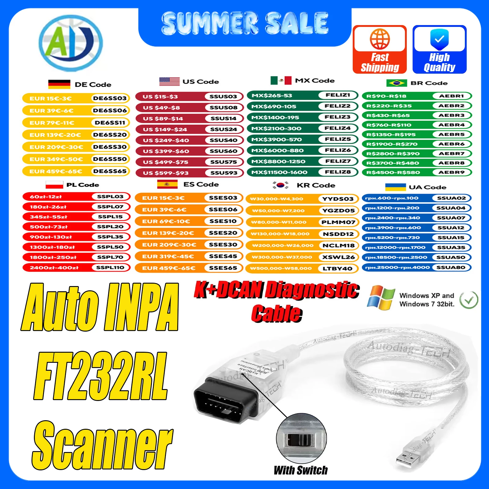 OBD2 Interface Cable Auto INPA FTDI FT232RL With Switch For NCS Coding WinFP Tool32 Programing K+DCAN OBD2 Diagnostic Scanner
OBD2 Interface Cable Auto INPA FTDI FT232RL With Switch For NCS Coding WinFP Tool32 Programing K+DCAN OBD2 Diagnostic Scanner