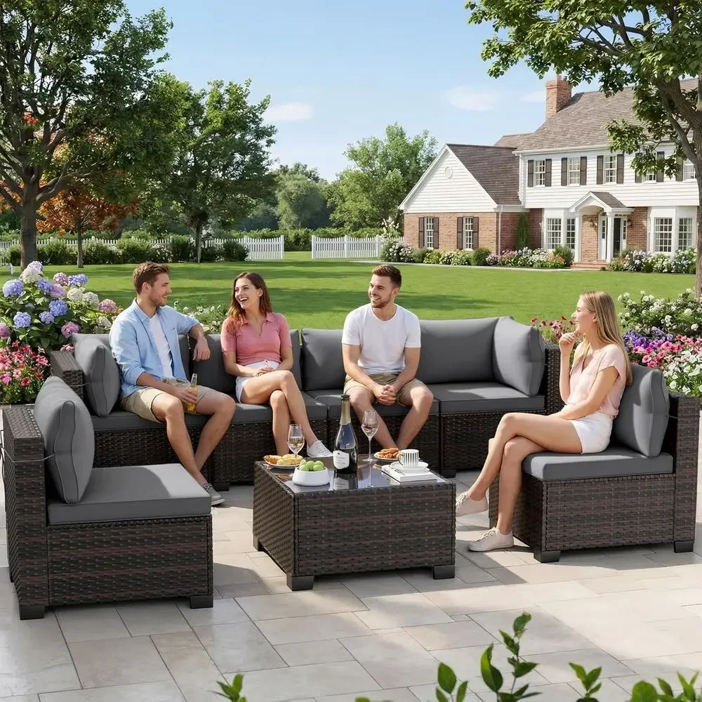 7-Piece Outdoor Patio Furniture Set, Rattan Wicker Sectional with Manual Weave and Tea Table
7-Piece Outdoor Patio Furniture Set, Rattan Wicker Sectional with Manual Weave and Tea Table